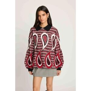 French Mauve Antropologie Paisley Sweater Womens XS Red Black Collared Jacquard